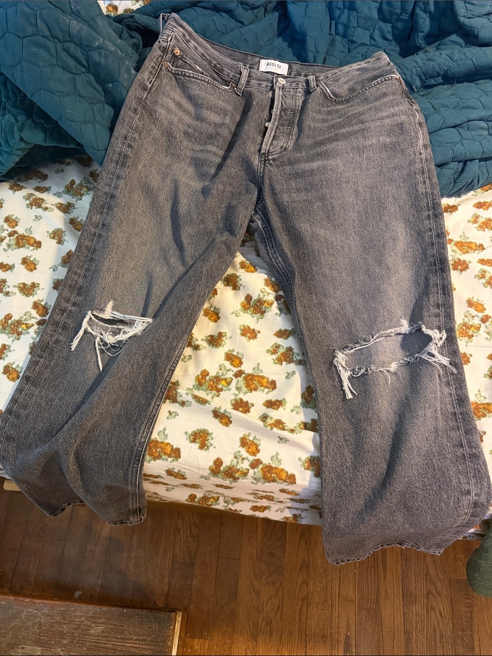 Agolde Grey Distressed Straight Leg Jeans